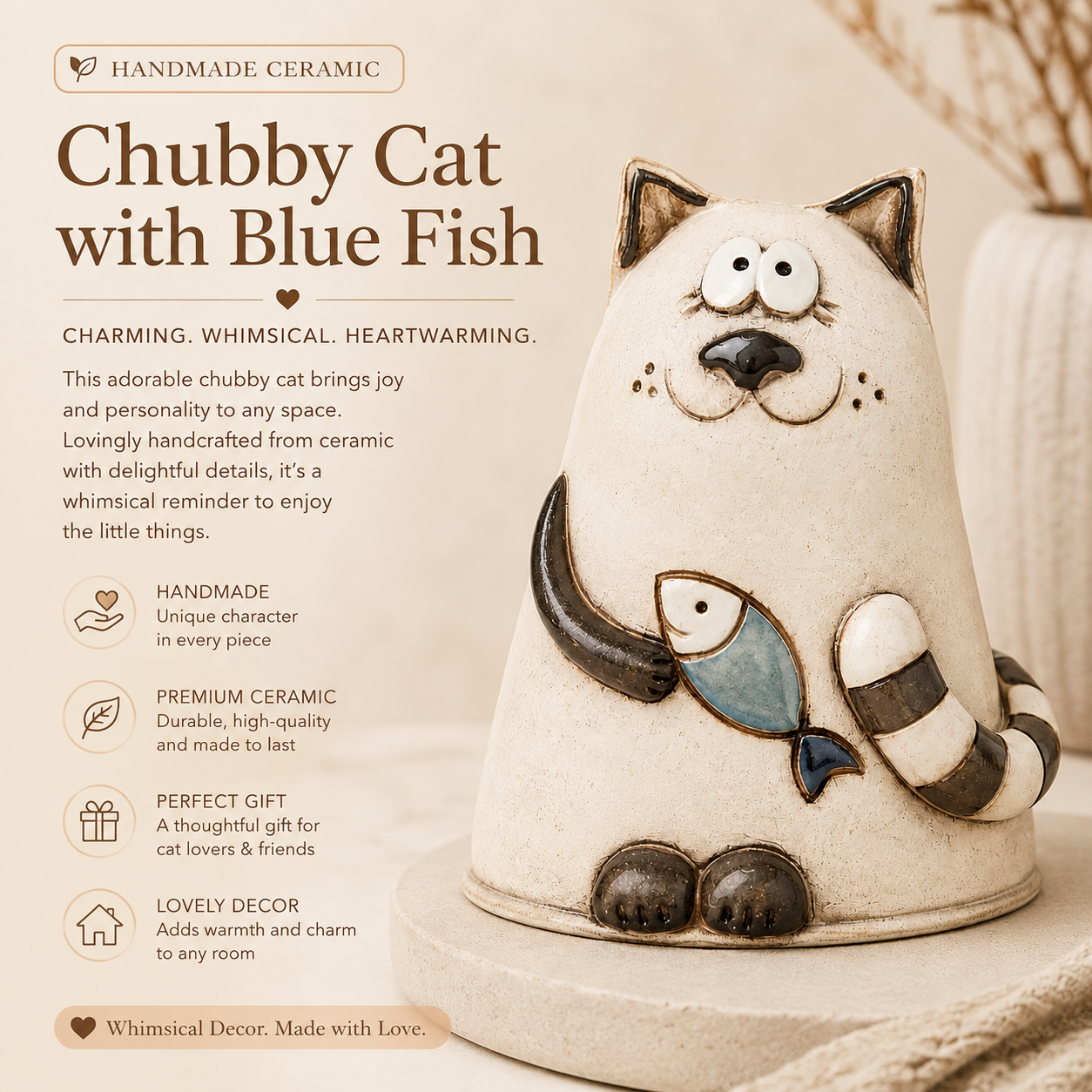 Whimsical Cat Figurine with Fish, Handmade-Look Hollow Resin Cat Sculpture