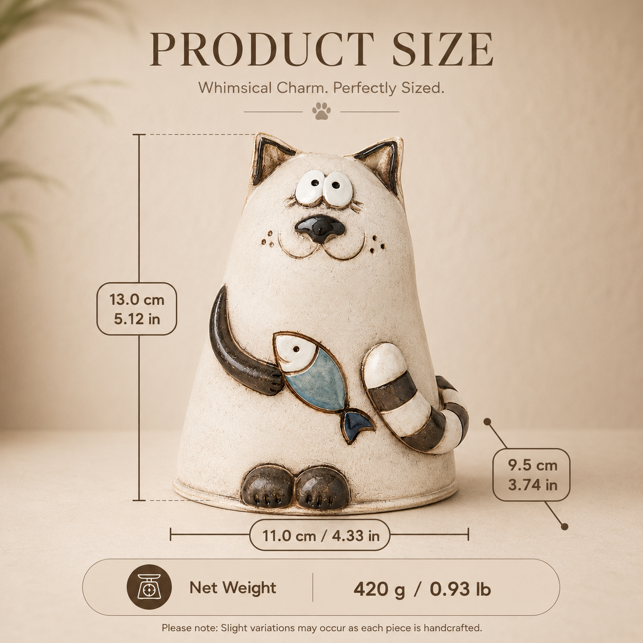 Whimsical Cat Figurine with Fish, Handmade-Look Hollow Resin Cat Sculpture