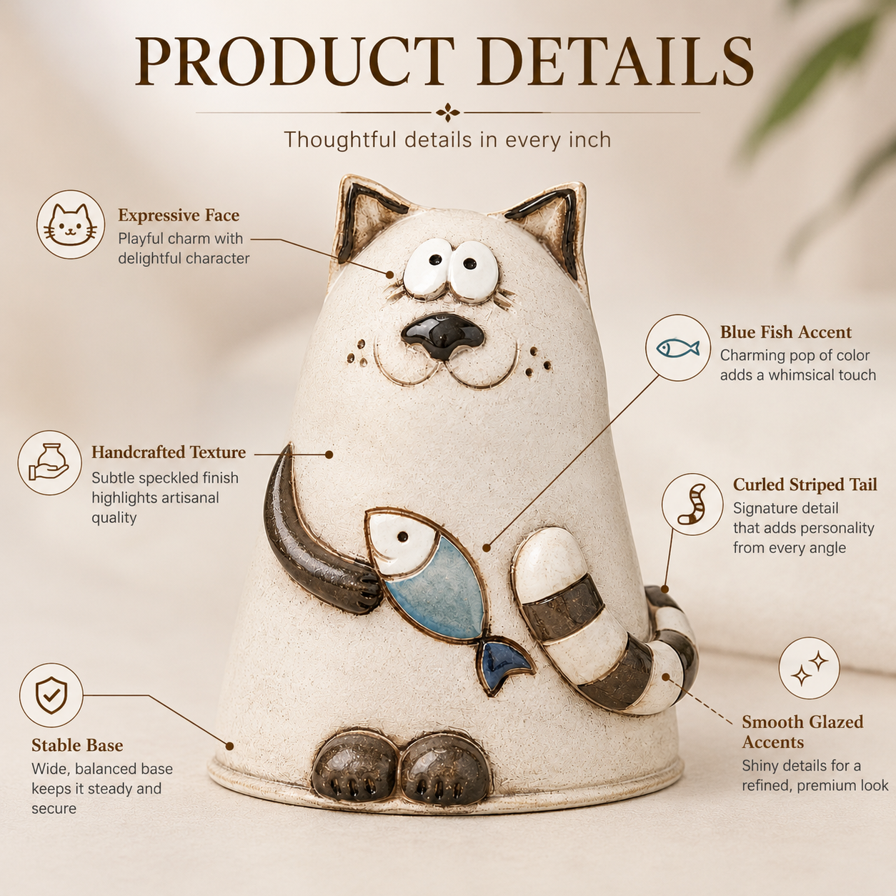 Whimsical Cat Figurine with Fish, Handmade-Look Hollow Resin Cat Sculpture