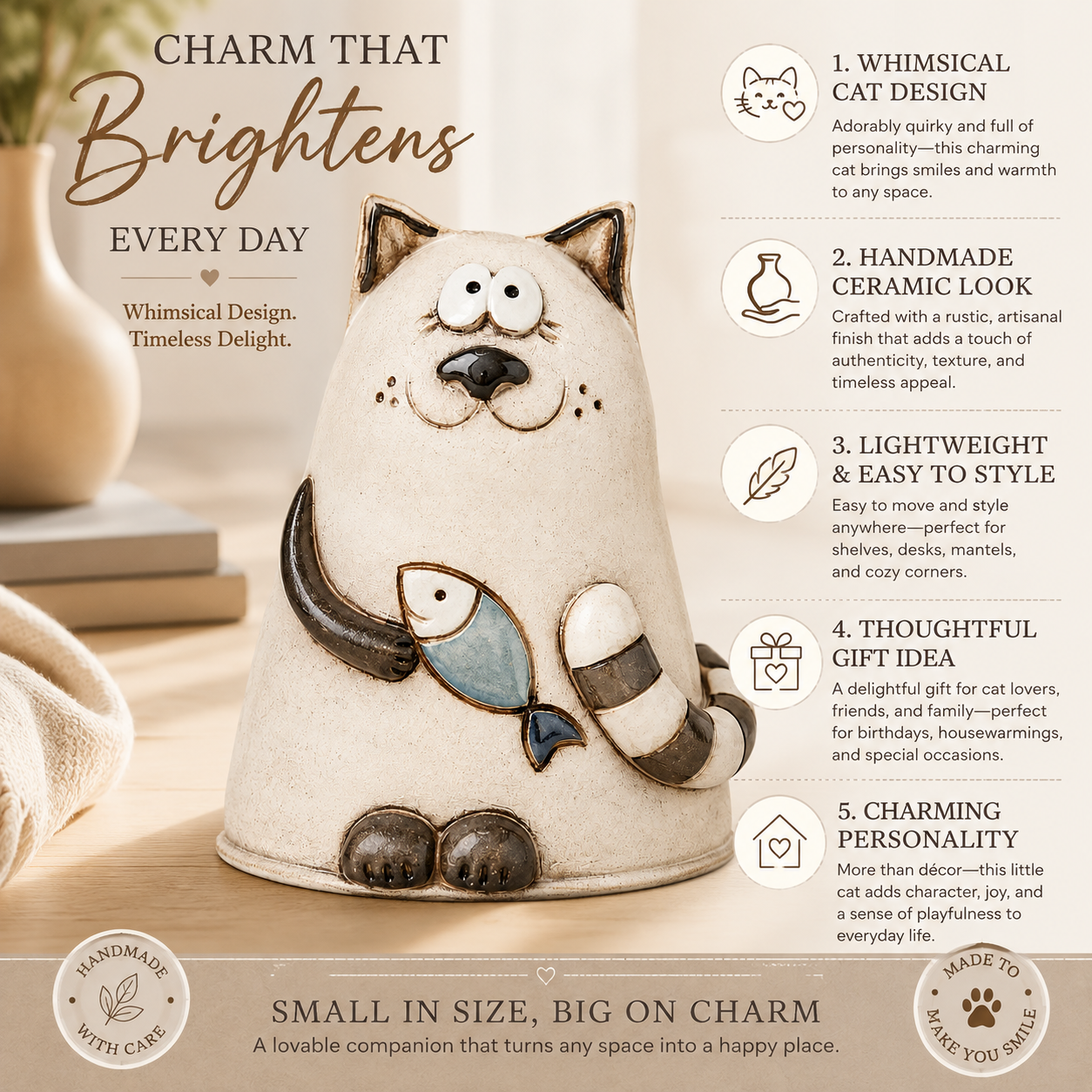 Whimsical Cat Figurine with Fish, Handmade-Look Hollow Resin Cat Sculpture