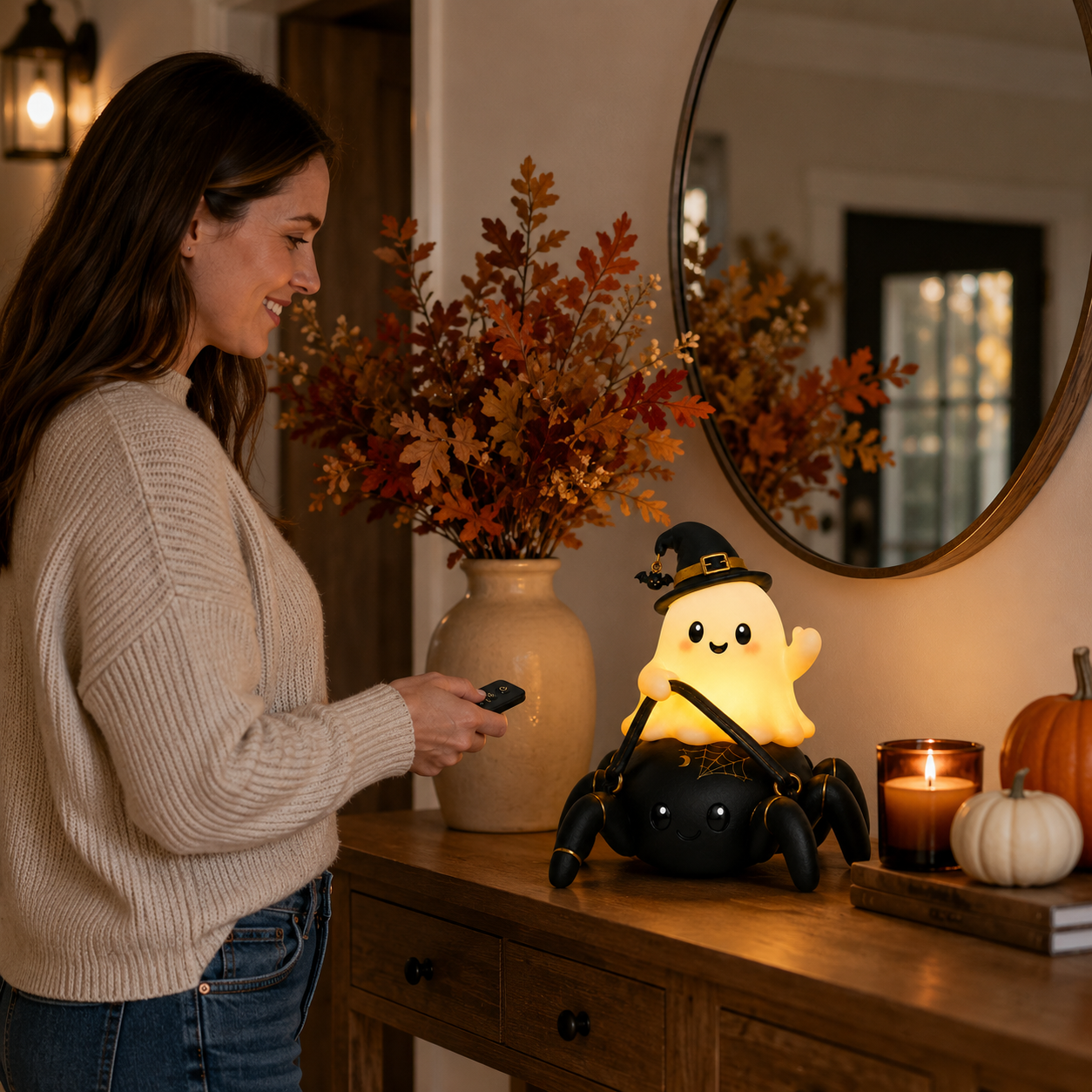 Lighted Ghost Riding Spider Halloween Decor