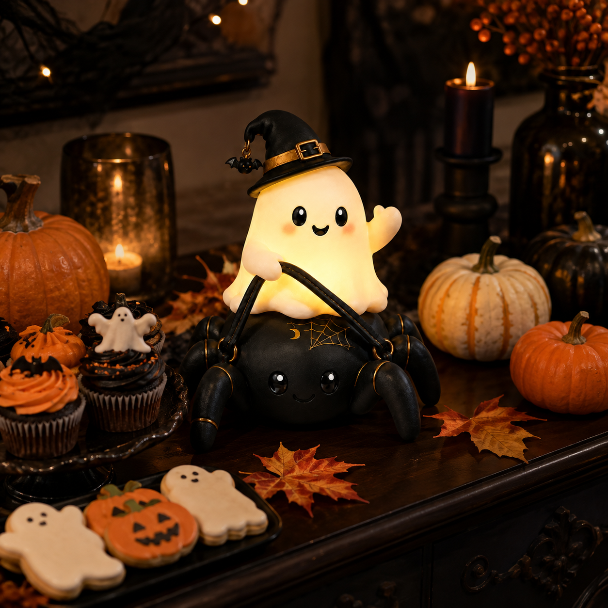 Lighted Ghost Riding Spider Halloween Decor