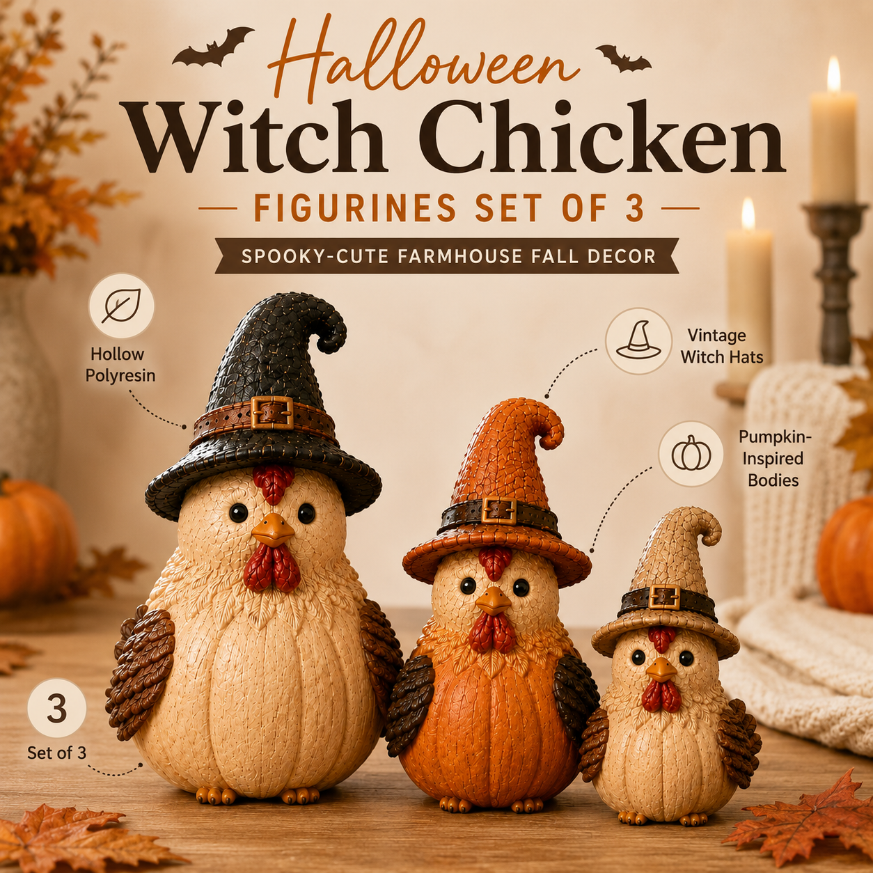 Halloween Witch Chicken Figurines Set of 3