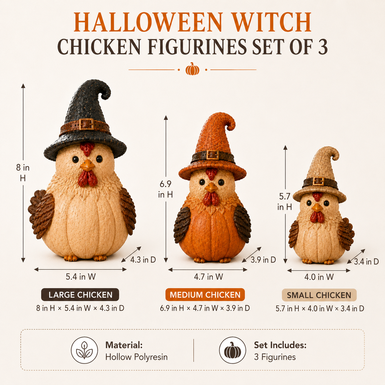Halloween Witch Chicken Figurines Set of 3