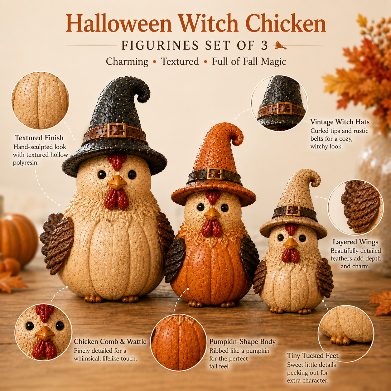 Halloween Witch Chicken Figurines Set of 3
