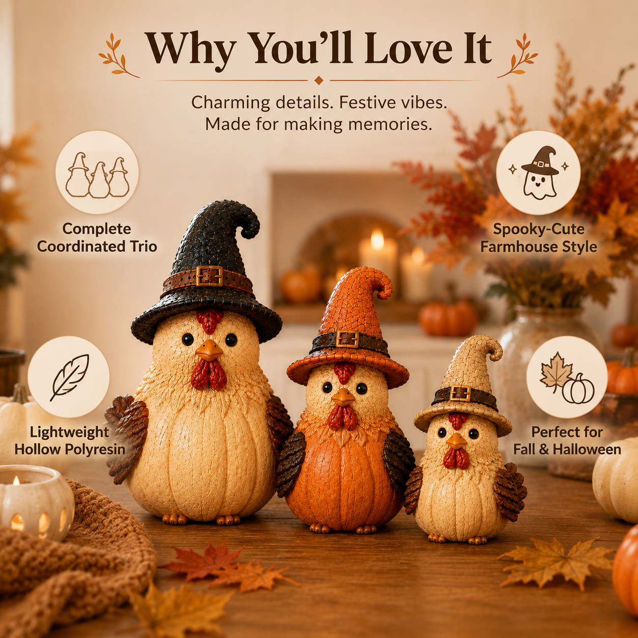 Halloween Witch Chicken Figurines Set of 3