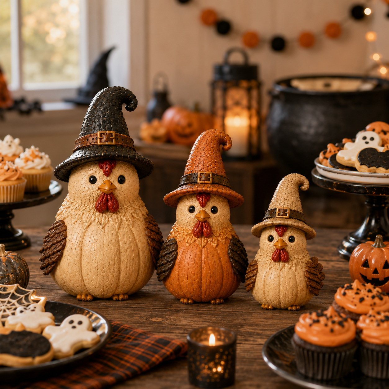Halloween Witch Chicken Figurines Set of 3
