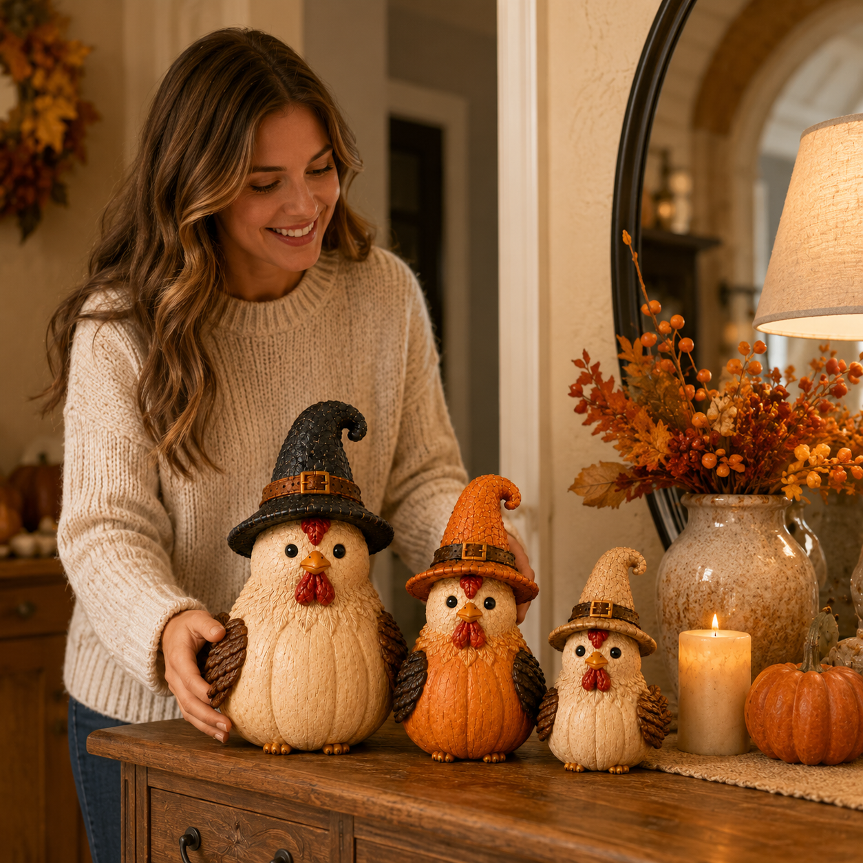 Halloween Witch Chicken Figurines Set of 3