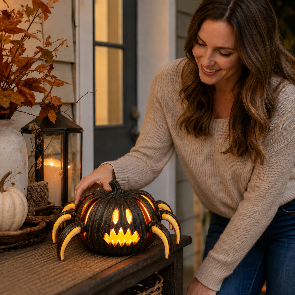 Lighted Spider Pumpkin Halloween Decor
