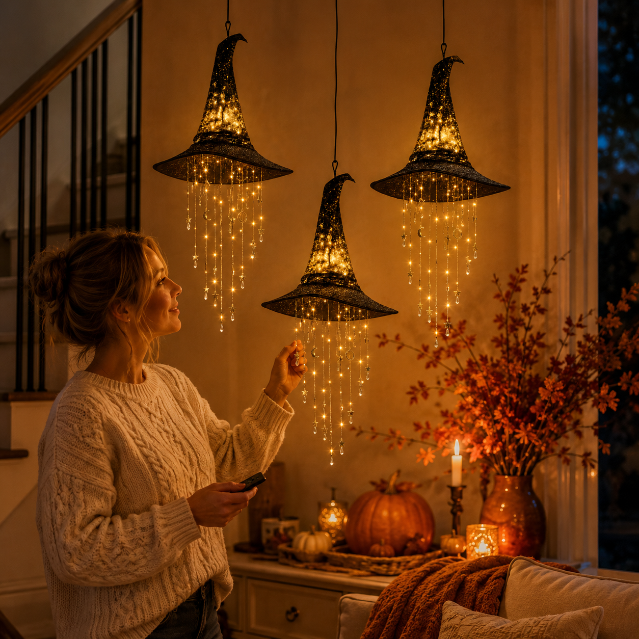 Lighted Witch Hat Hanging Halloween Decor