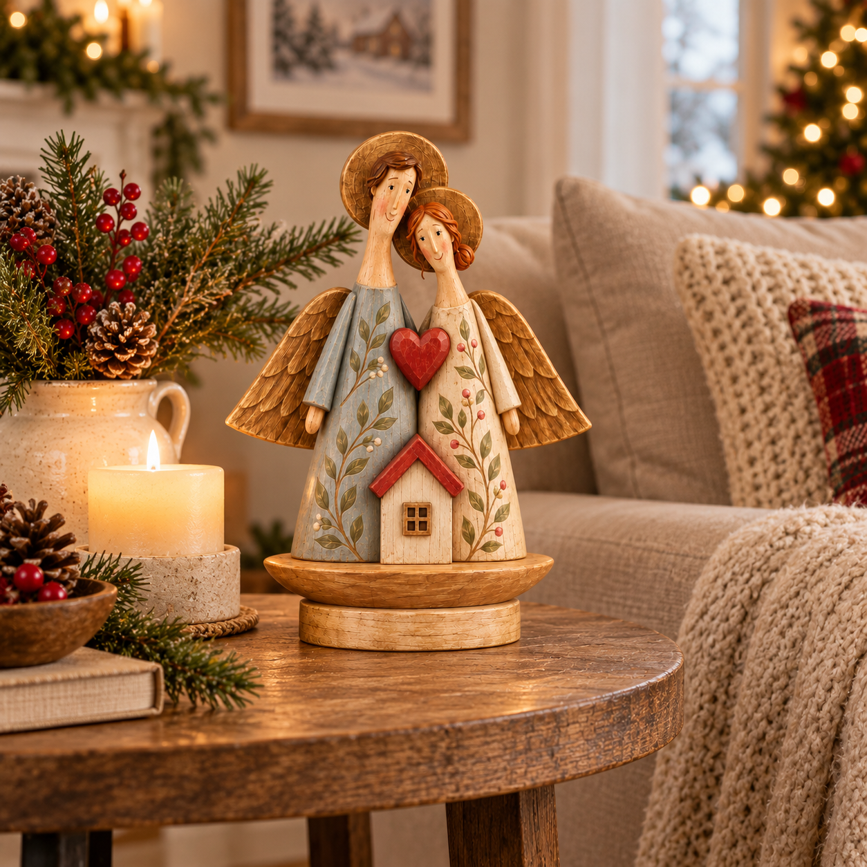 Rustic Angel Couple Figurine with Heart & House
