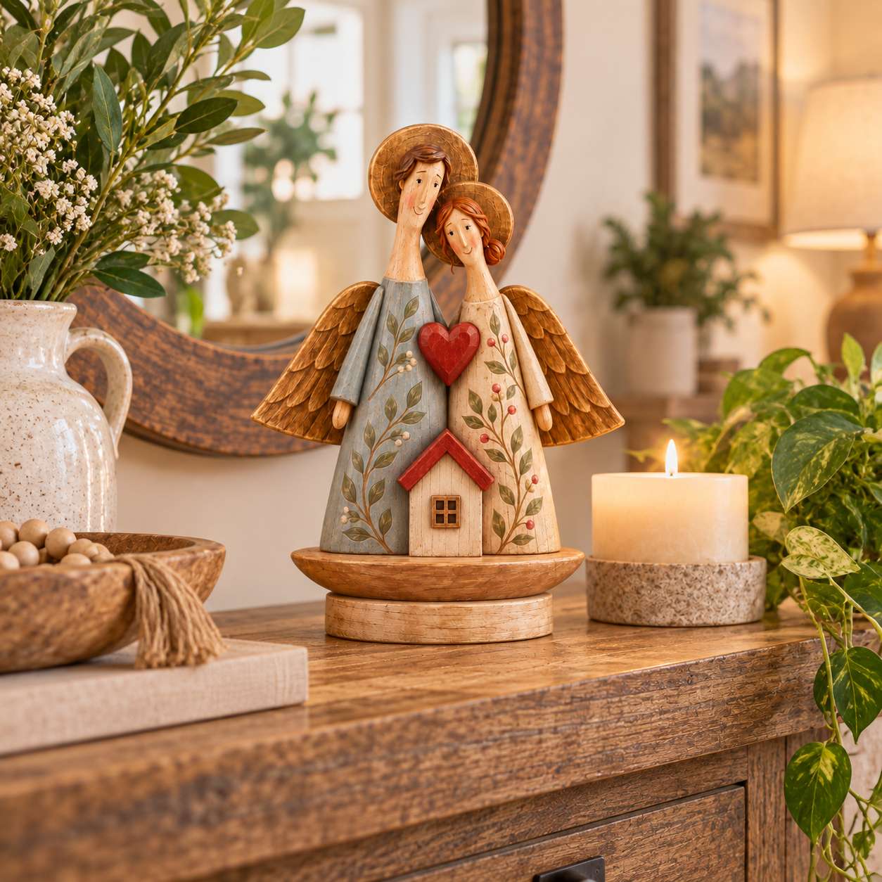 Rustic Angel Couple Figurine with Heart & House