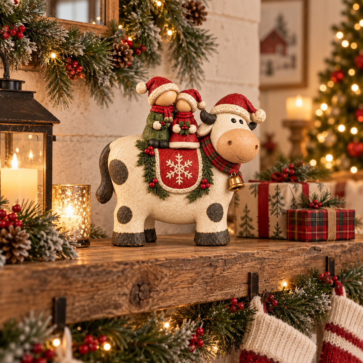 Rustic Christmas Cow Figurine with Two Holiday Kids