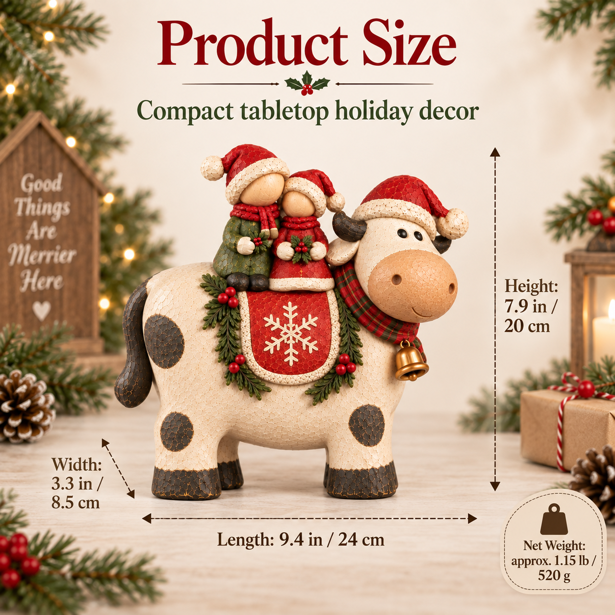 Rustic Christmas Cow Figurine with Two Holiday Kids