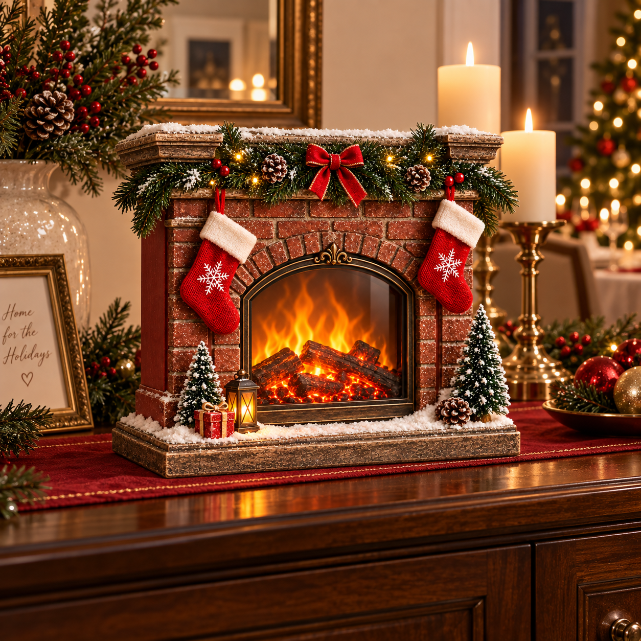 Vintage Lighted Christmas Fireplace Decor with Moving Flame Effect