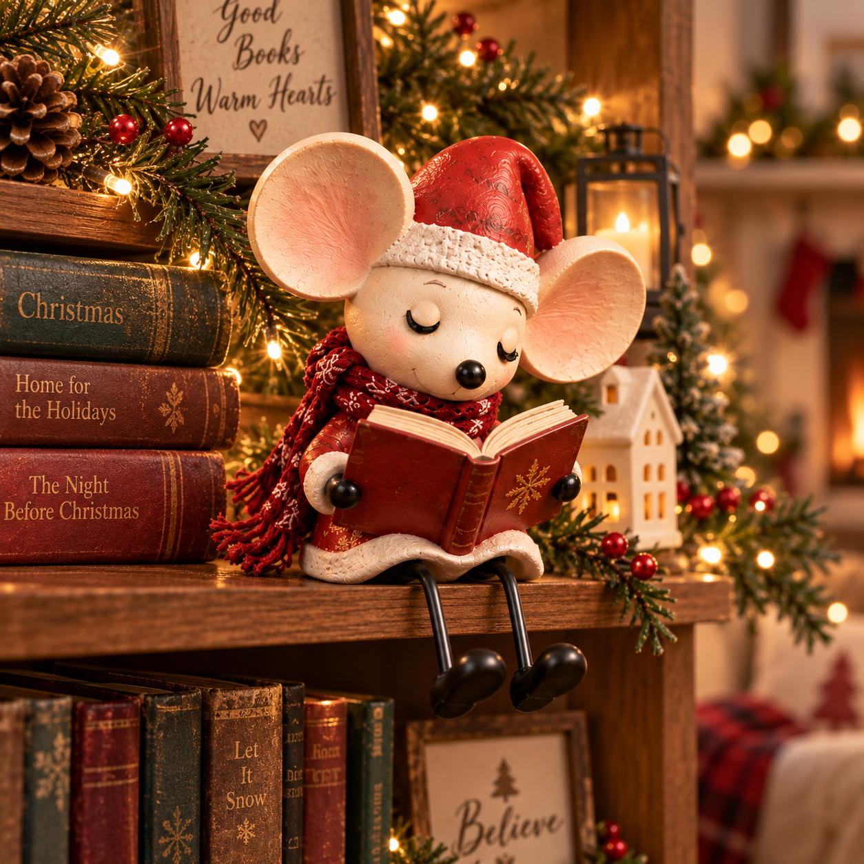 Christmas Reading Mouse Figurine