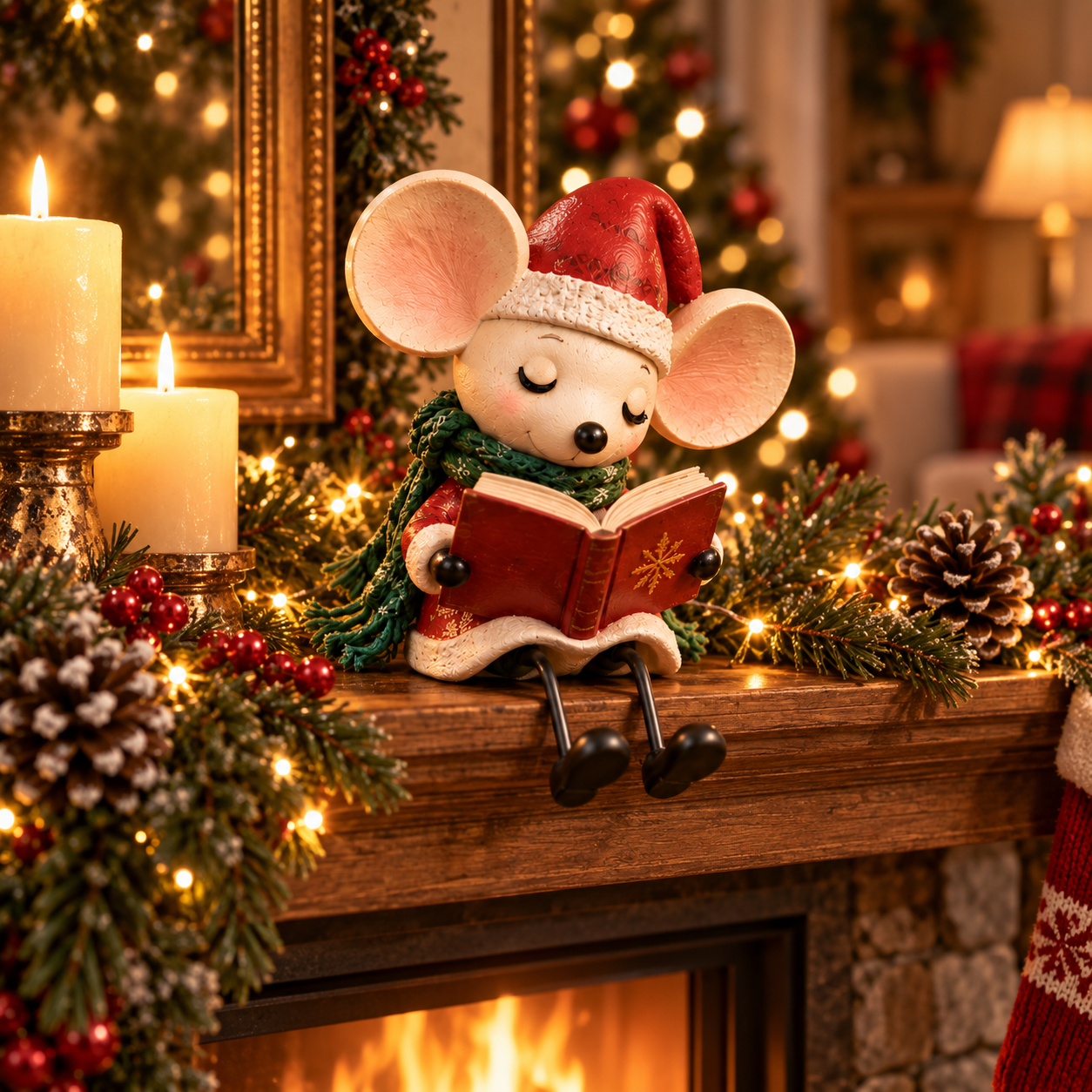 Christmas Reading Mouse Figurine