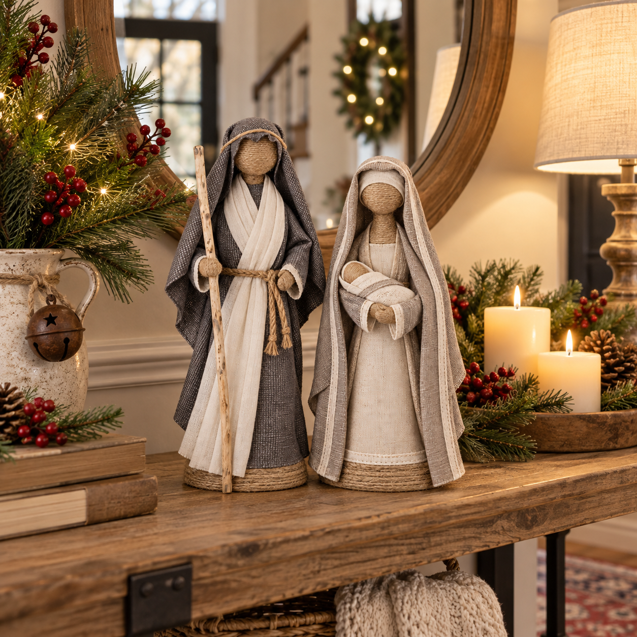Rustic Holy Family Nativity Figurine Set 2-Piece Joseph & Mary with Baby Jesus Christmas Decor