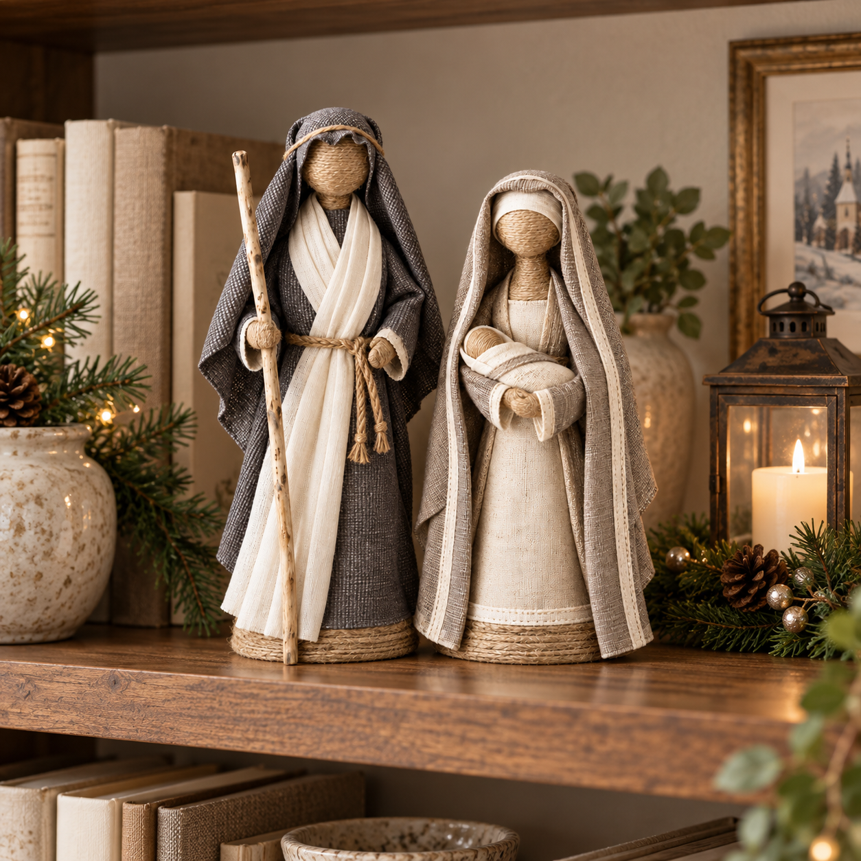 Rustic Holy Family Nativity Figurine Set 2-Piece Joseph & Mary with Baby Jesus Christmas Decor