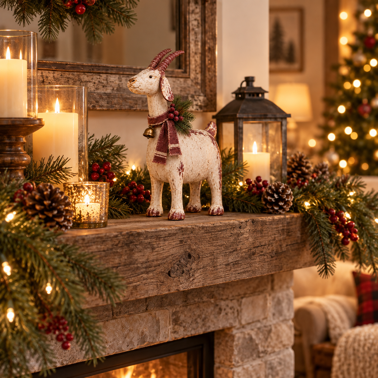 Vintage Christmas Goat Figurine with Bell & Scarf