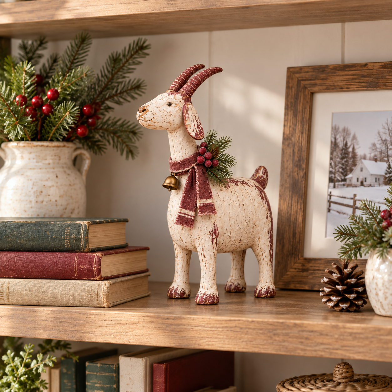Vintage Christmas Goat Figurine with Bell & Scarf