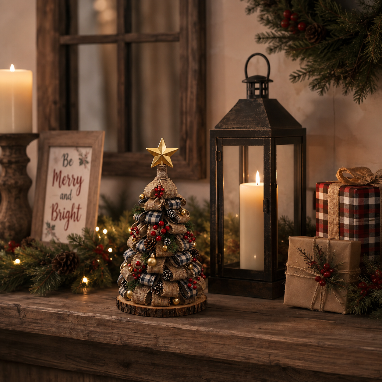 Rustic Burlap Christmas Tree Tabletop Decor