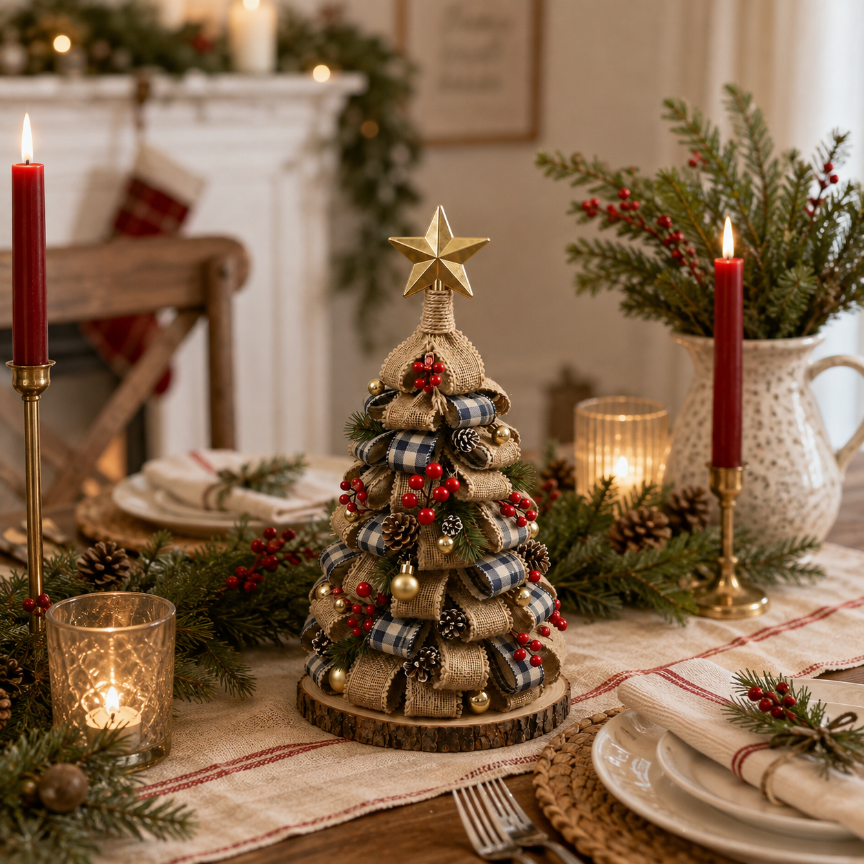 Rustic Burlap Christmas Tree Tabletop Decor