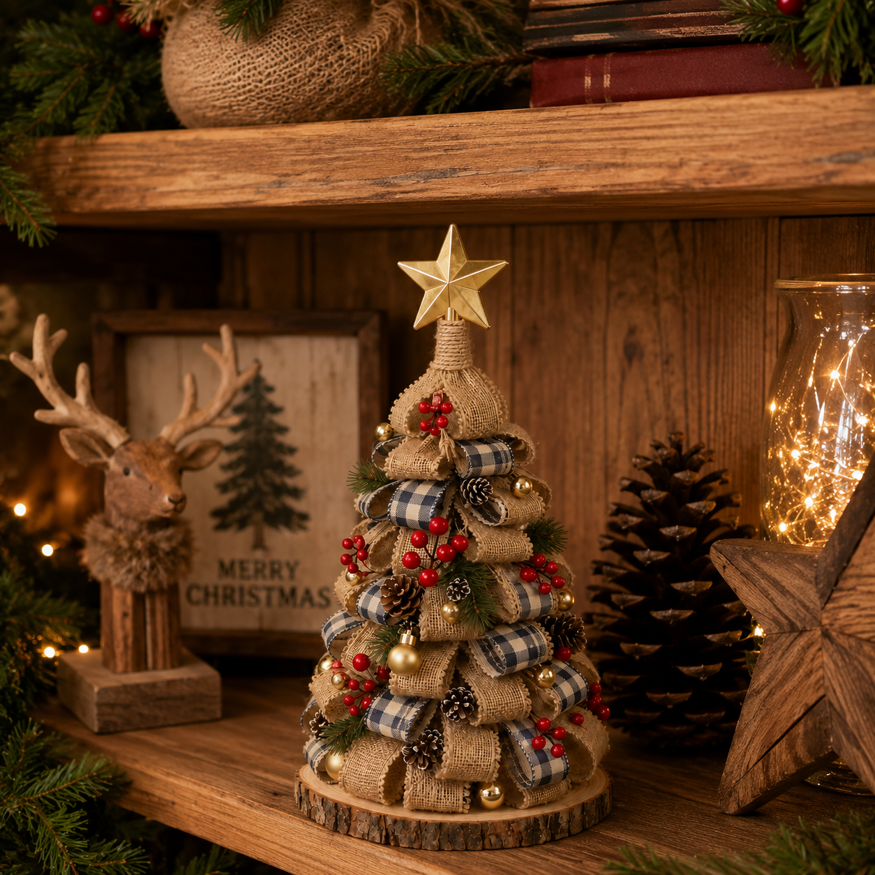 Rustic Burlap Christmas Tree Tabletop Decor