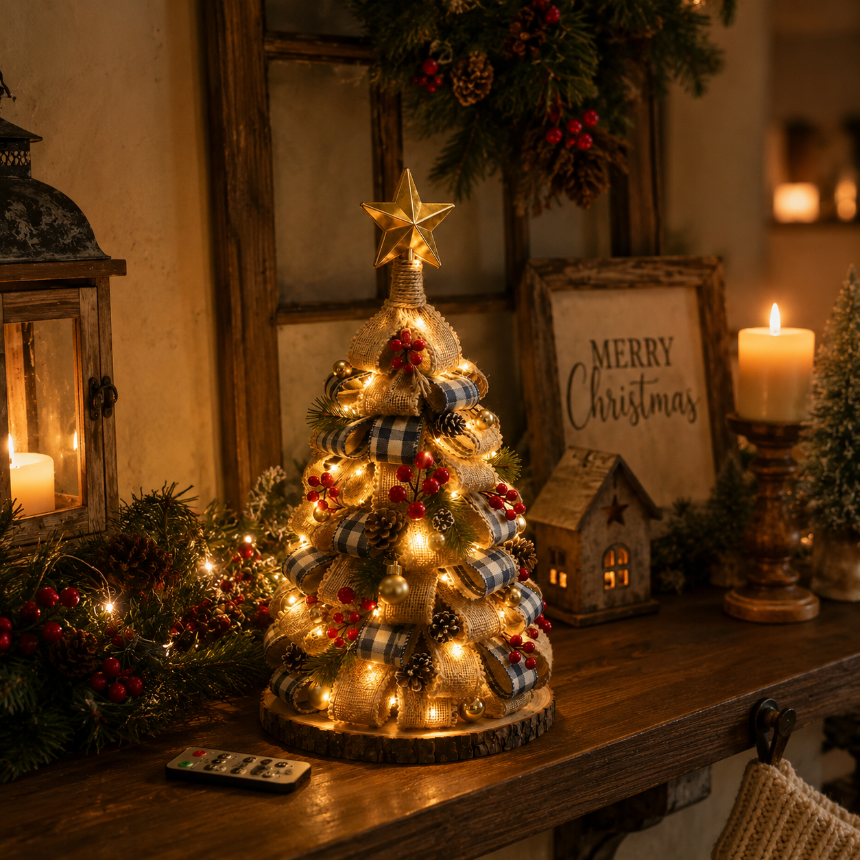 Rustic Burlap Christmas Tree Tabletop Decor