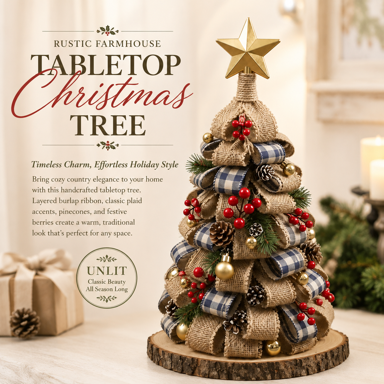 Rustic Burlap Christmas Tree Tabletop Decor