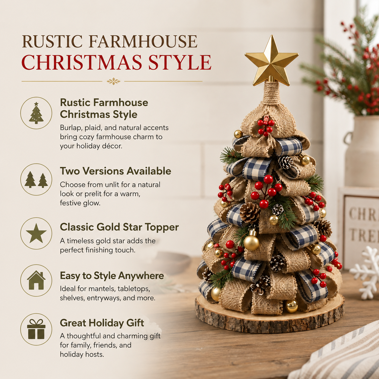 Rustic Burlap Christmas Tree Tabletop Decor