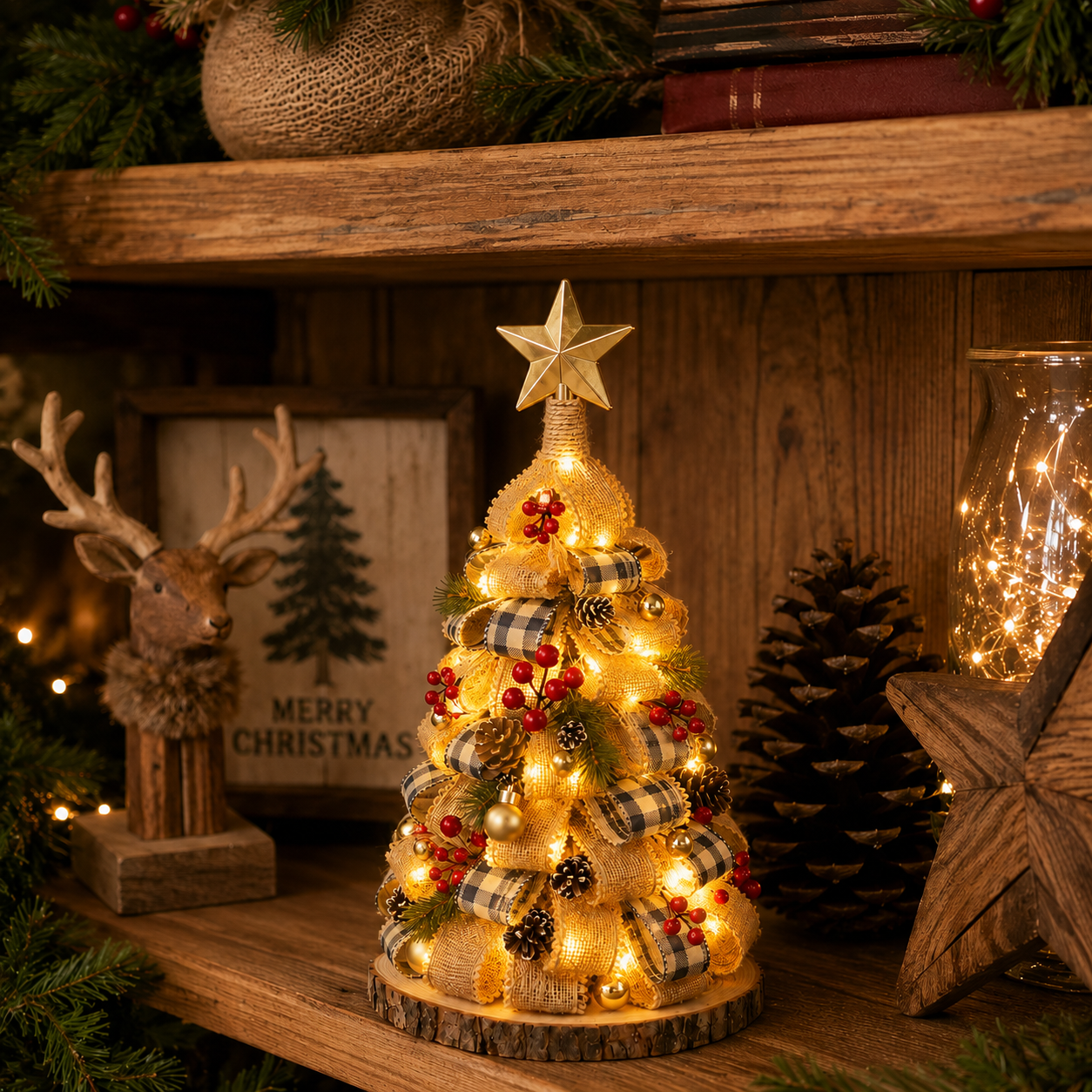 Rustic Burlap Christmas Tree Tabletop Decor