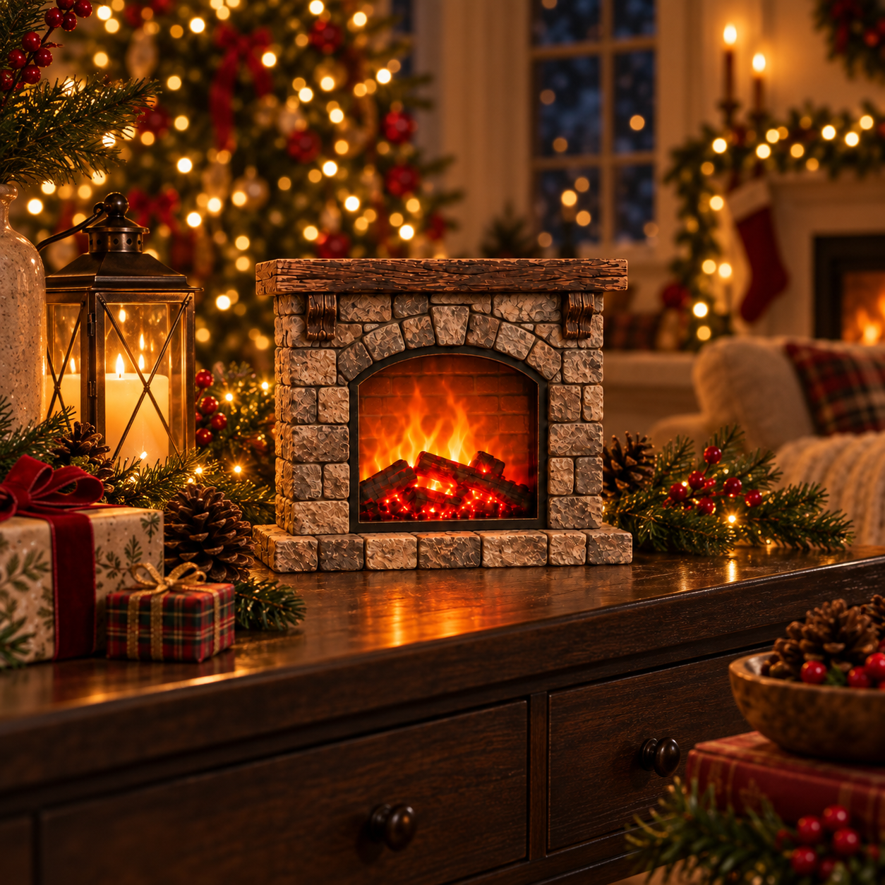Vintage Rustic Stone Fireplace Light Decor