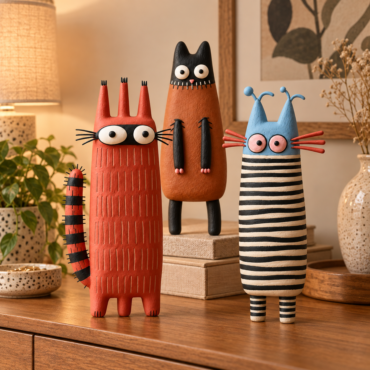 Whimsical Folk Art Cat Figurine Set of 3