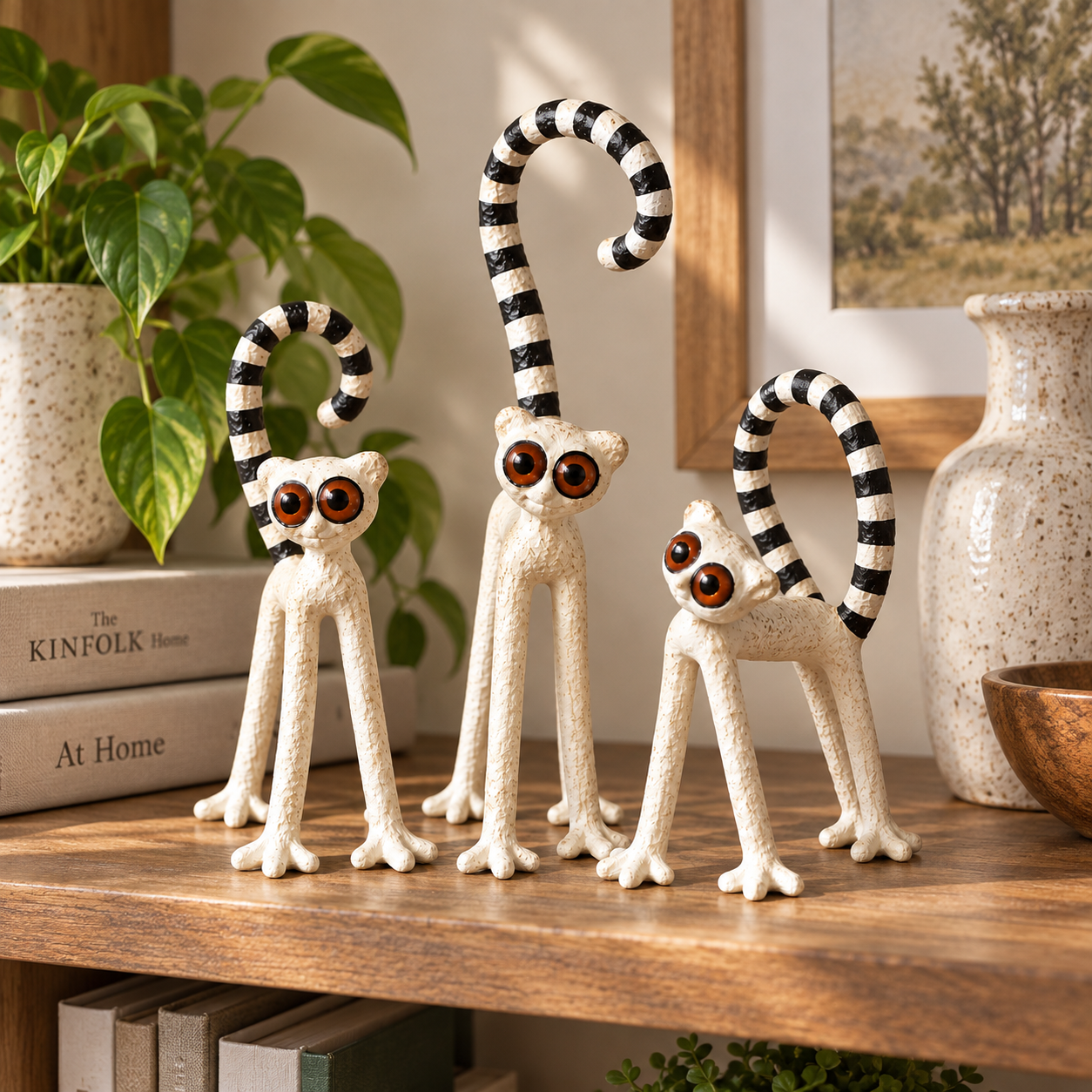 3-Piece Whimsical Lemur Figurine Set – Vintage Folk Art Animal Decor