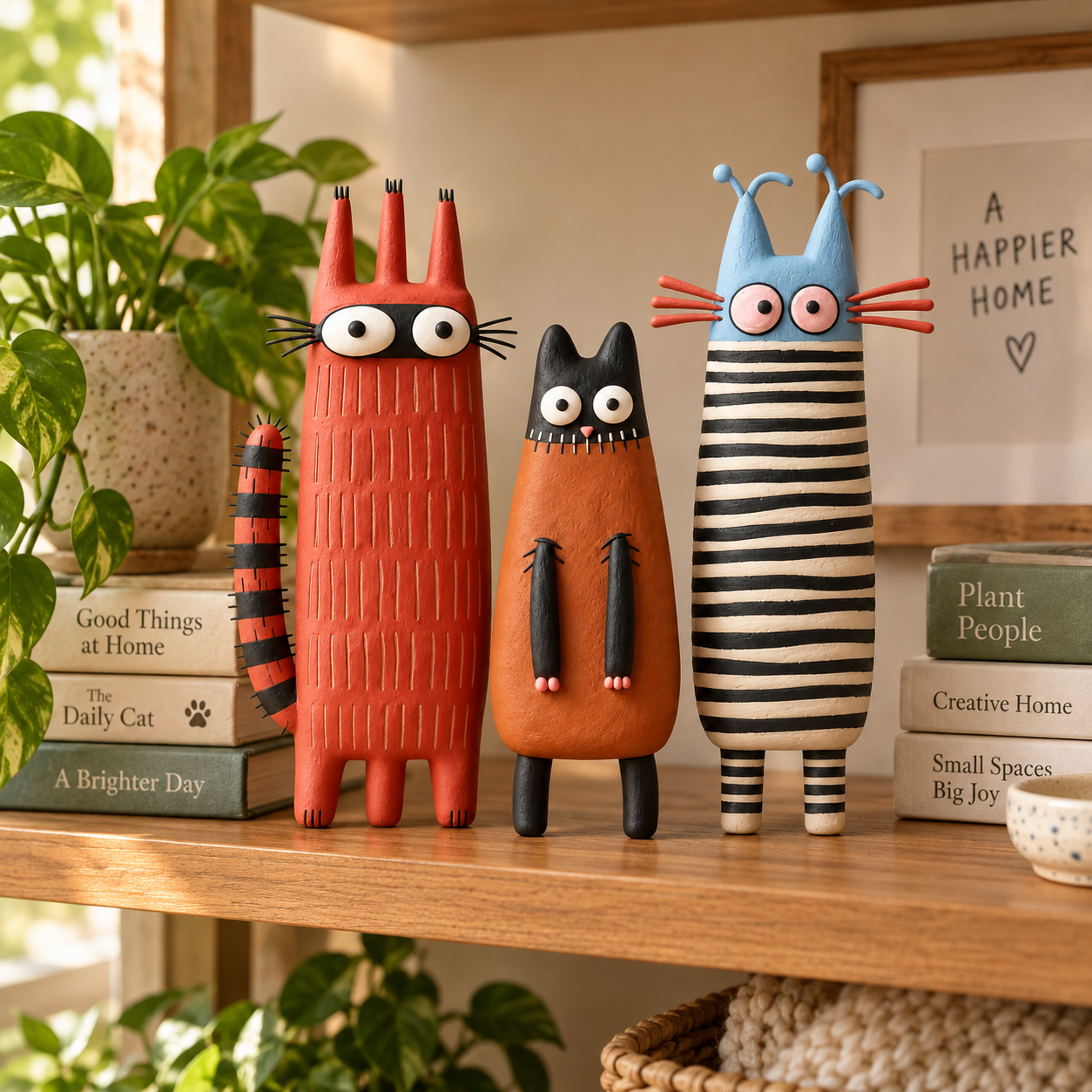 Whimsical Folk Art Cat Figurine Set of 3