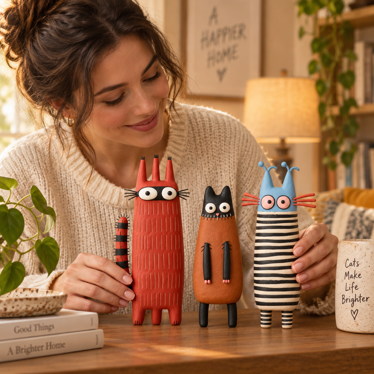 Whimsical Folk Art Cat Figurine Set of 3