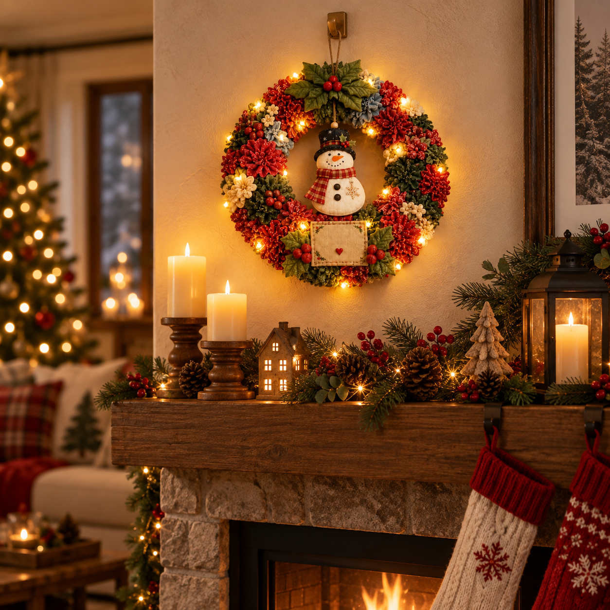 Lighted Snowman Christmas Wreath