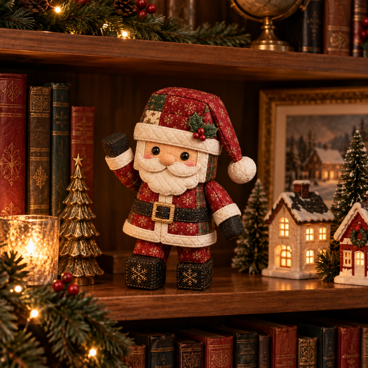 Vintage Block Style Quilted Santa Figurine