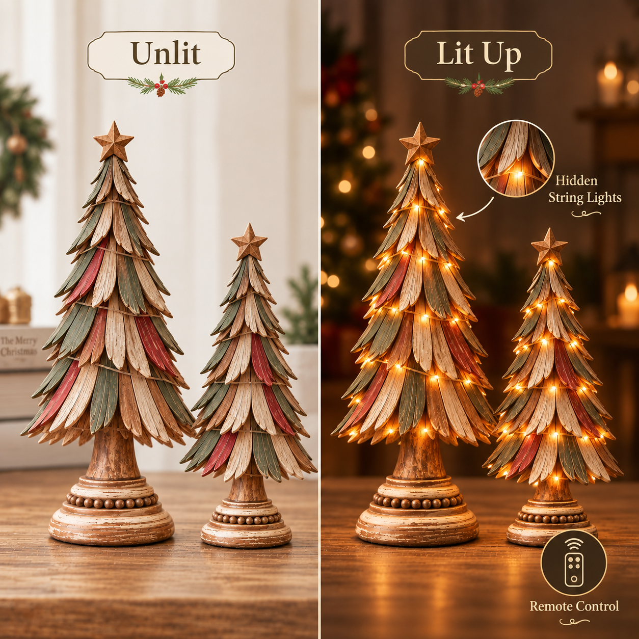Vintage Wooden Lighted Christmas Tree Set