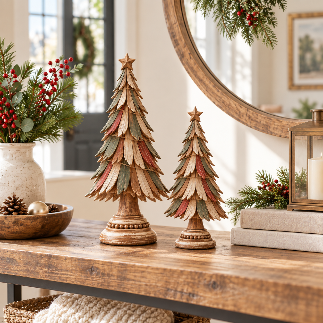 Vintage Wooden Lighted Christmas Tree Set