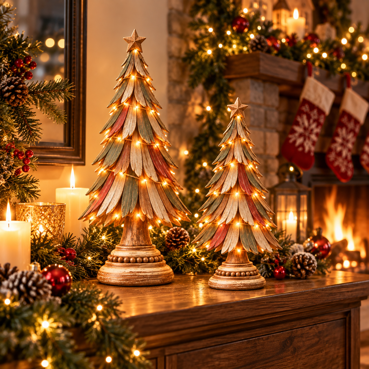Vintage Wooden Lighted Christmas Tree Set