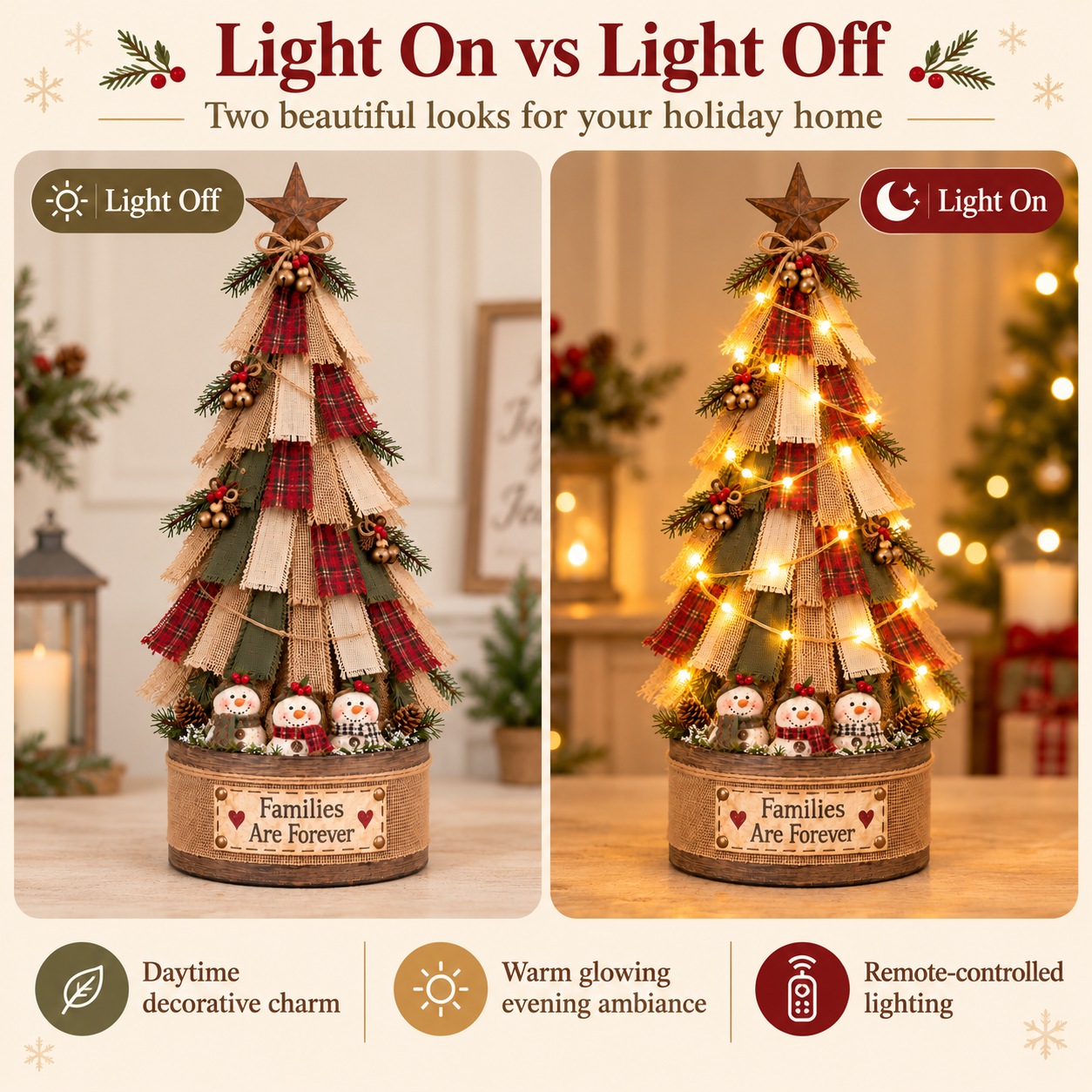 Vintage Fabric Christmas Tree with Remote String Lights