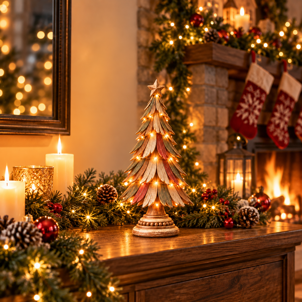 Vintage Wooden Lighted Christmas Tree Set