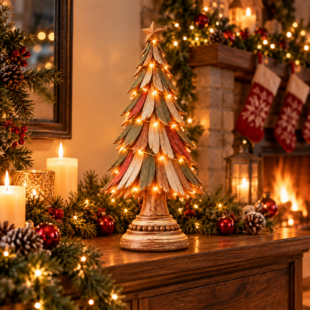 Vintage Wooden Lighted Christmas Tree Set