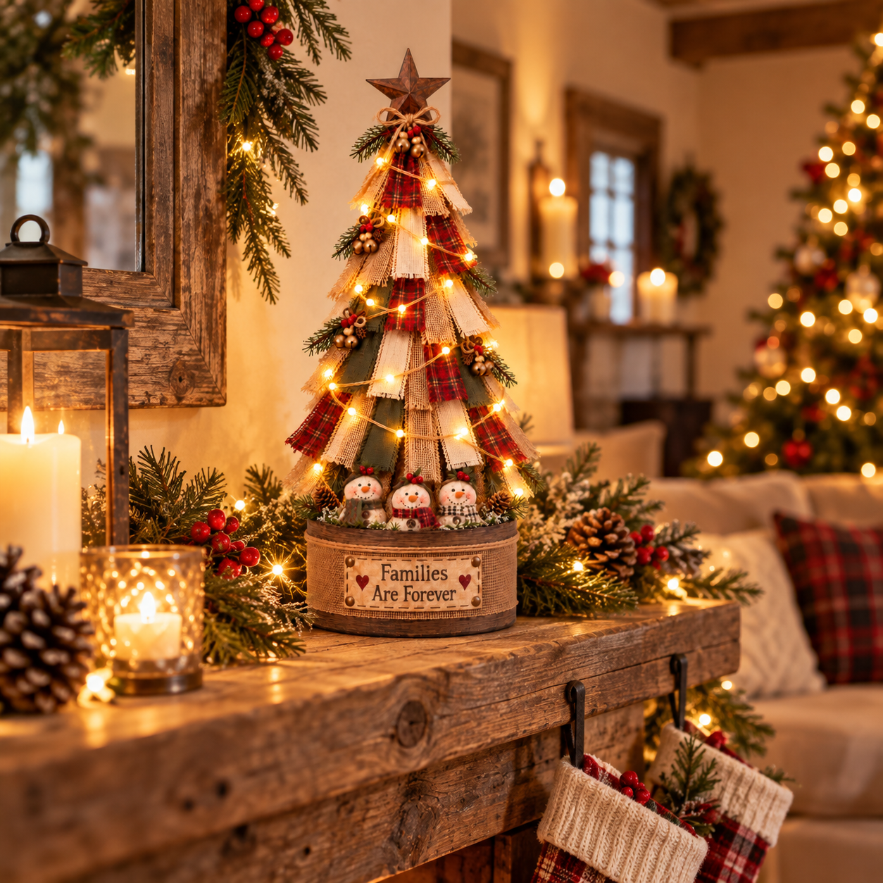 Vintage Fabric Christmas Tree with Remote String Lights