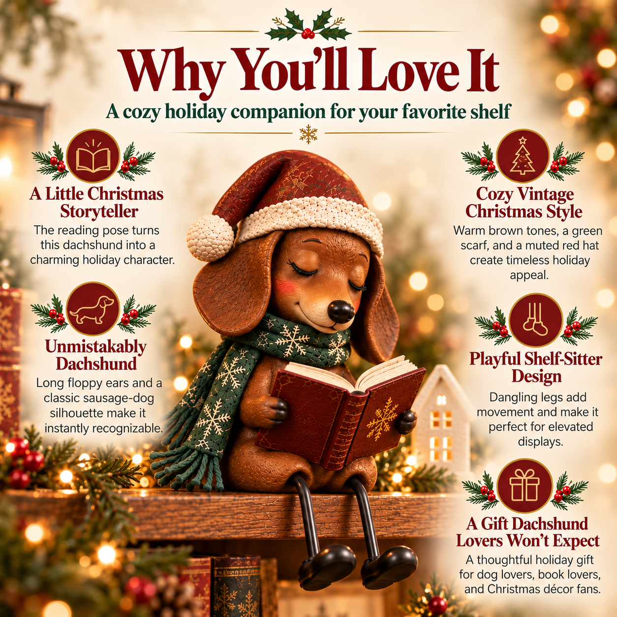 Vintage Christmas Reading Dachshund Shelf Sitter