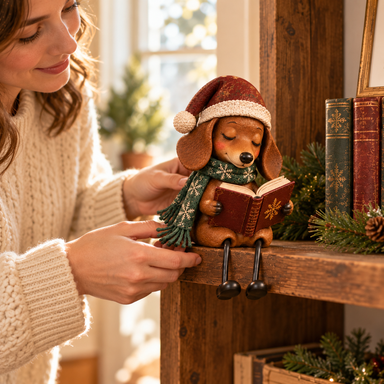 Vintage Christmas Reading Dachshund Shelf Sitter