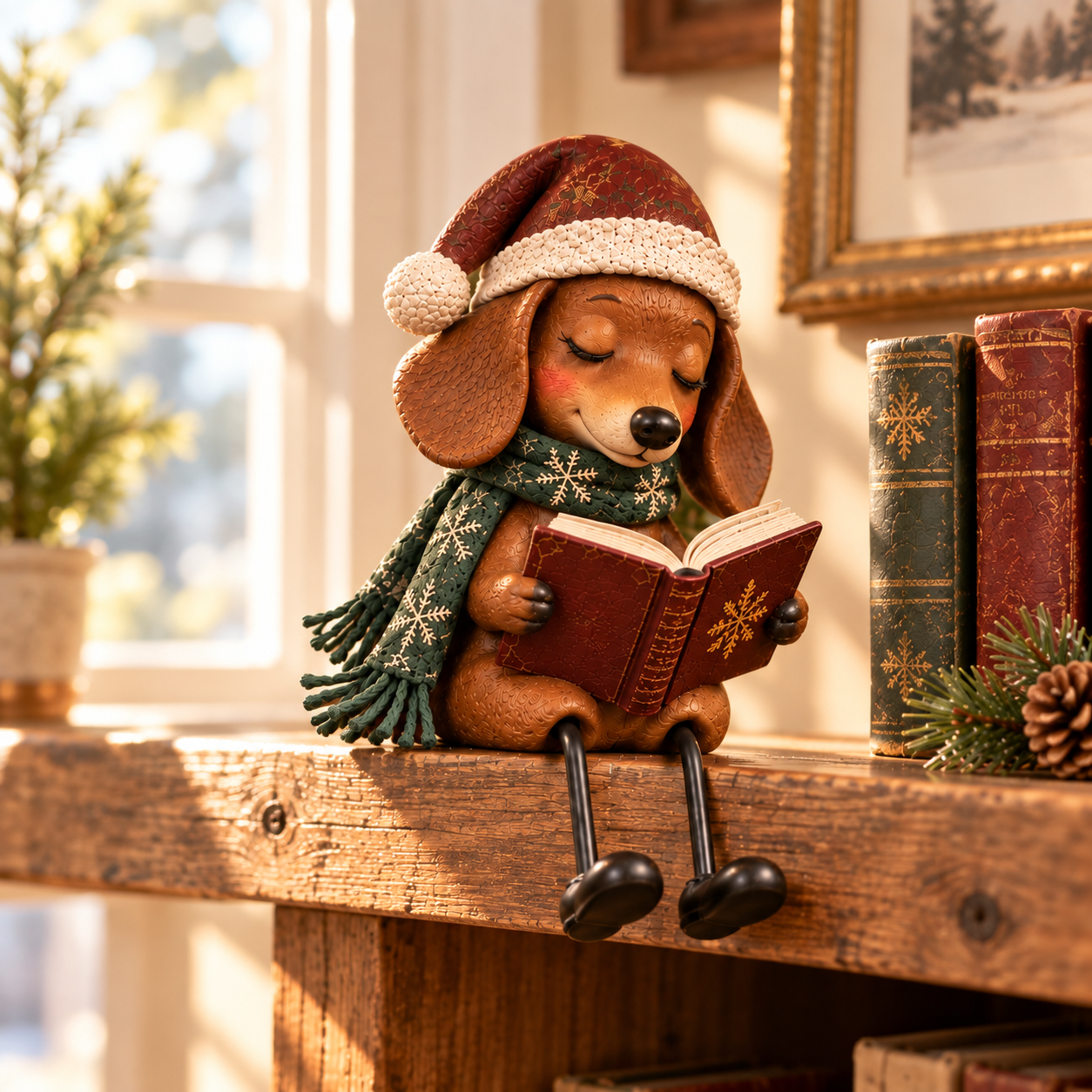 Vintage Christmas Reading Dachshund Shelf Sitter
