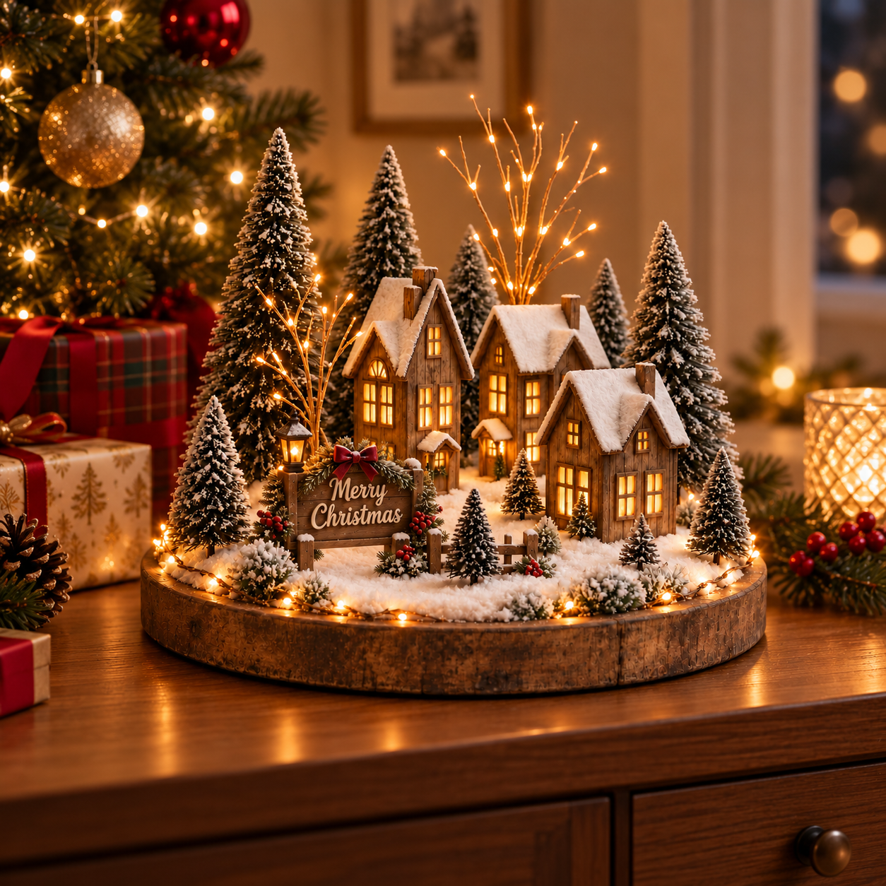 Vintage Lighted Christmas Village Tabletop Decor